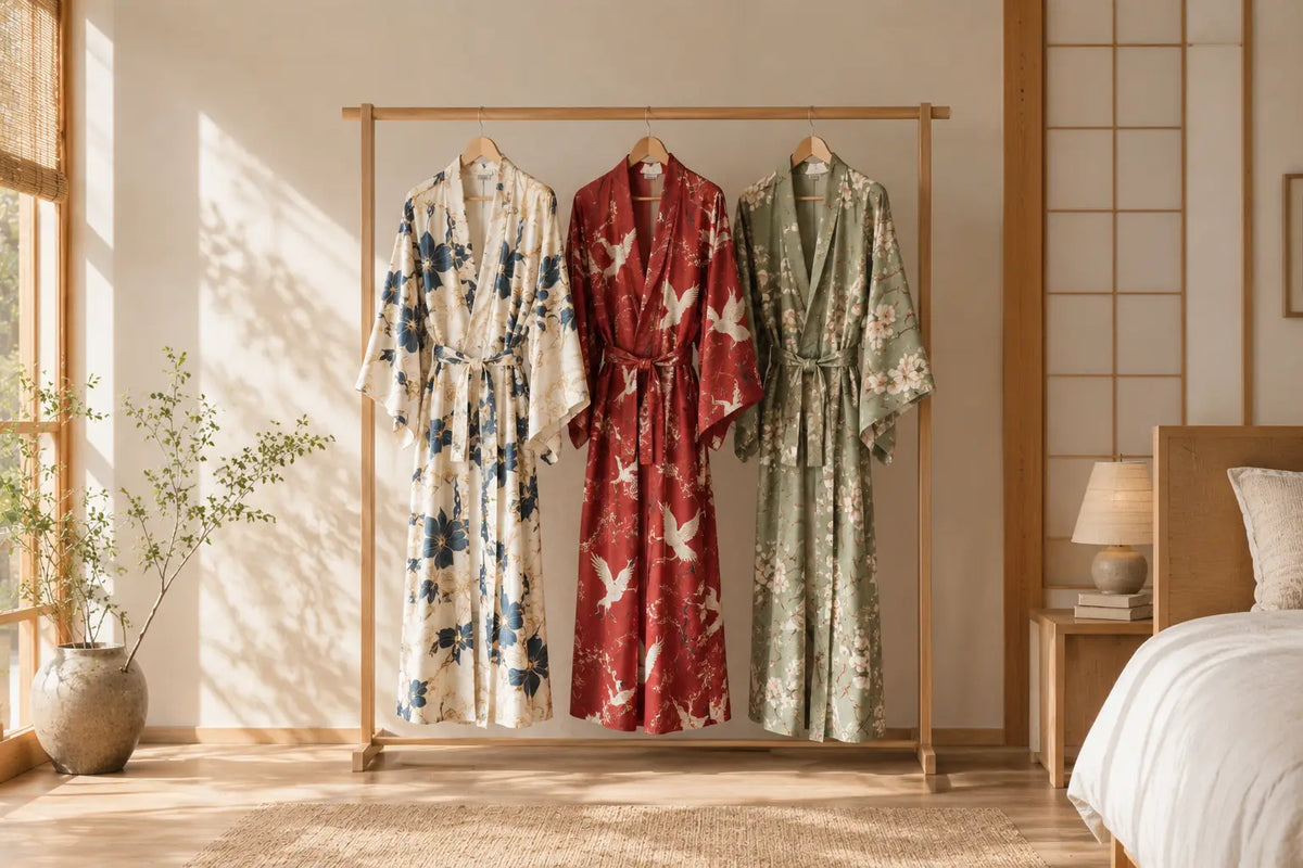 Three women's kimono robes in ivory, red and sage hanging on a wooden rail, the best kimono robes for women