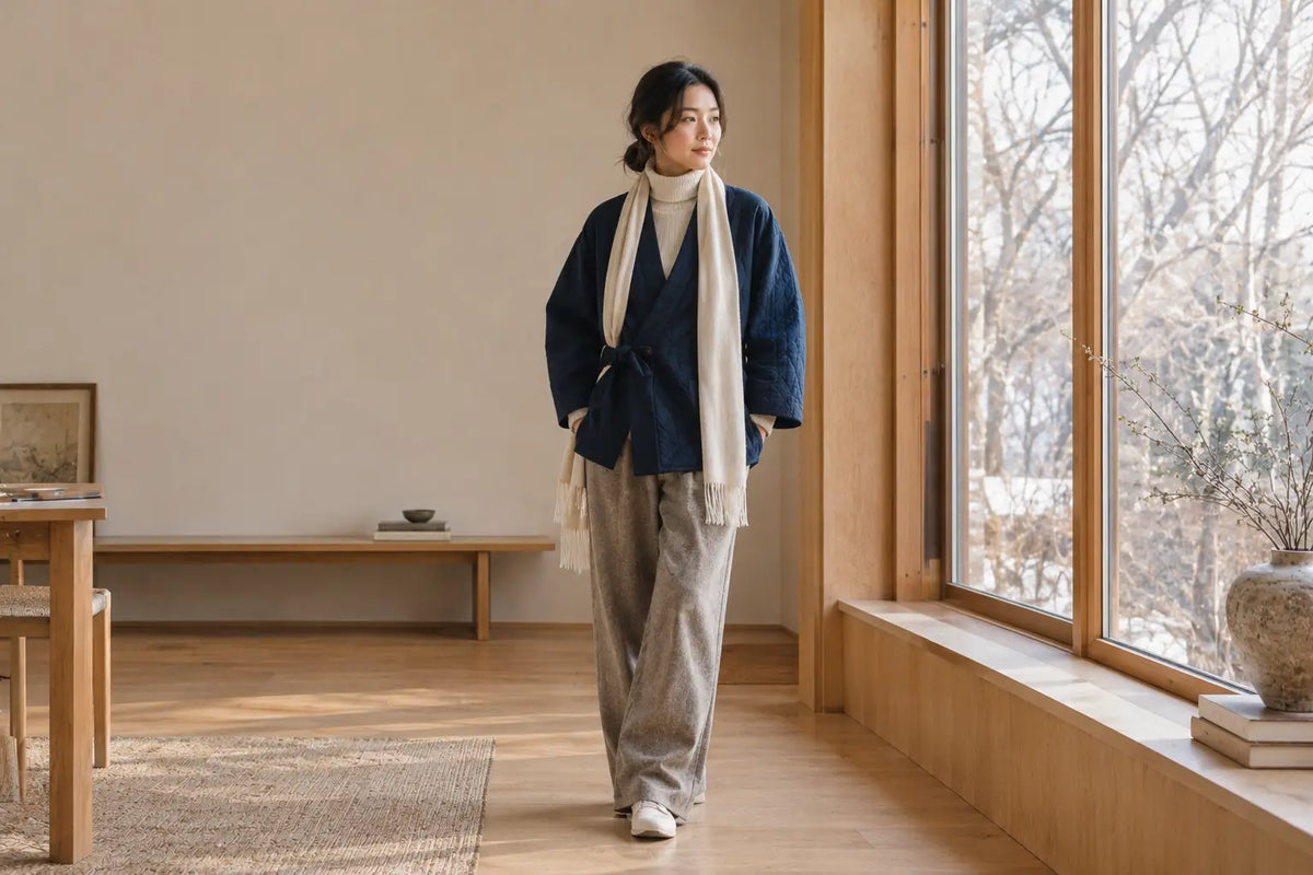 Can you wear a kimono in the winter? A woman in a navy kimono jacket over a cream turtleneck by a snowy window