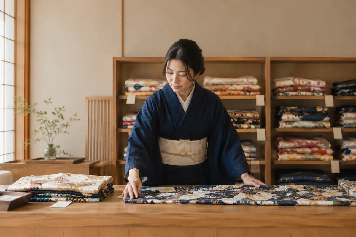 Folded silk kimonos with paper tags on shelves in a Kyoto shop, showing how much is a kimono in Japan