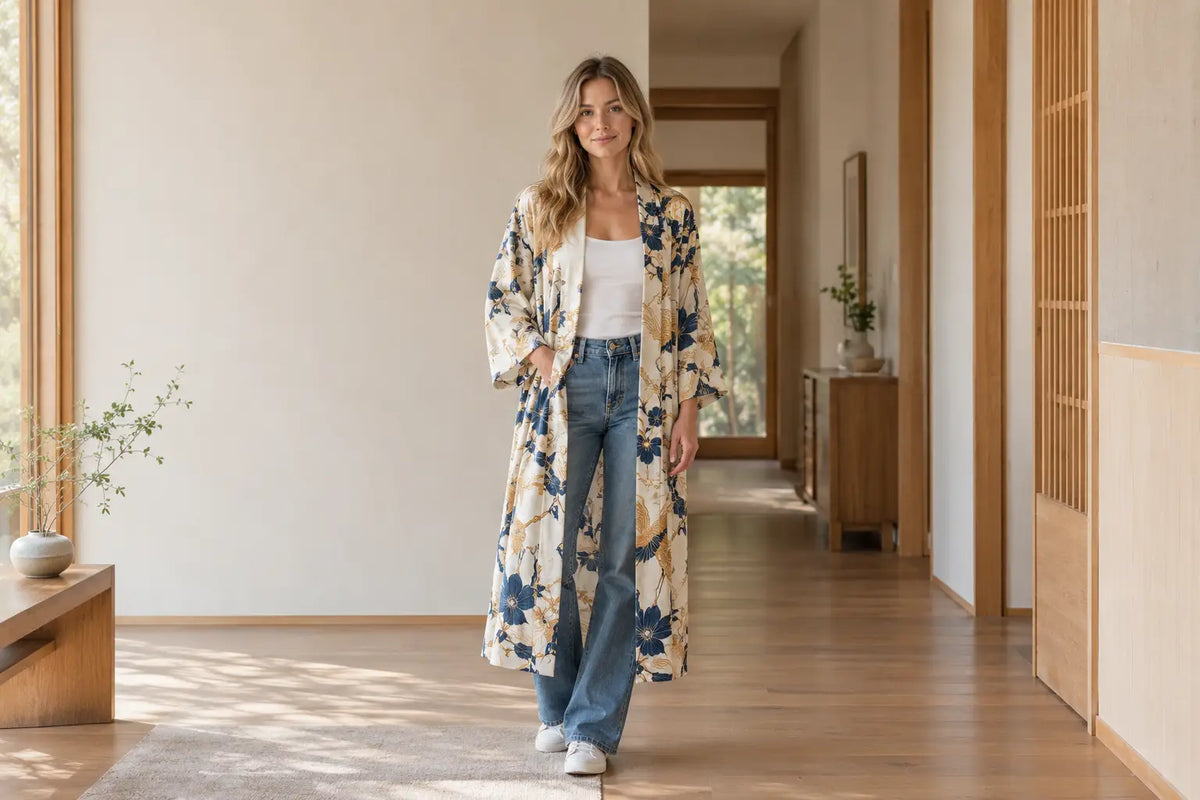 Woman in a long printed kimono cardigan over a white tank top and jeans, showing what to wear under a kimono