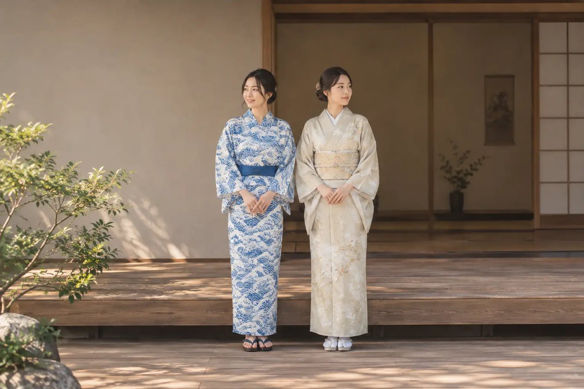 Woman in a cotton yukata beside a woman in a layered silk kimono, yukata vs kimono side by side Image