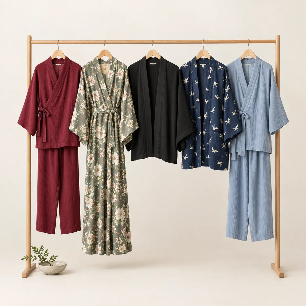 Five best sellers traditional japanese-style robes with matching pants in maroon green floral black navy and light blue colors Image