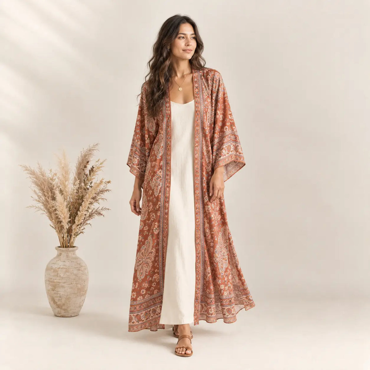 A flowing rust-colored boho kimono with intricate paisley patterns and subtle sheen displayed from the back side Image