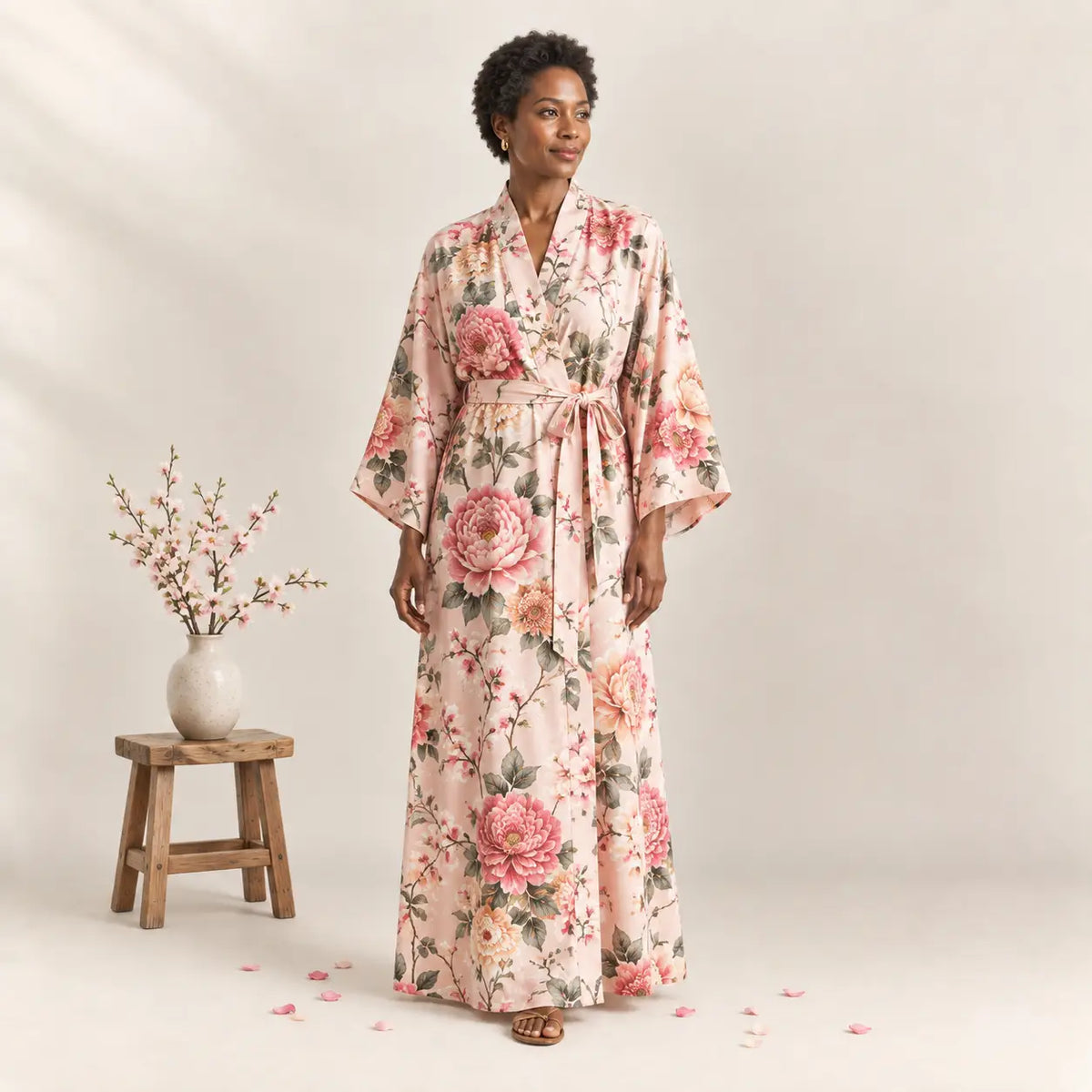 A flowing pink floral robe with large peony blossoms and green leaves on a soft blush background in the floral kimono collection Image