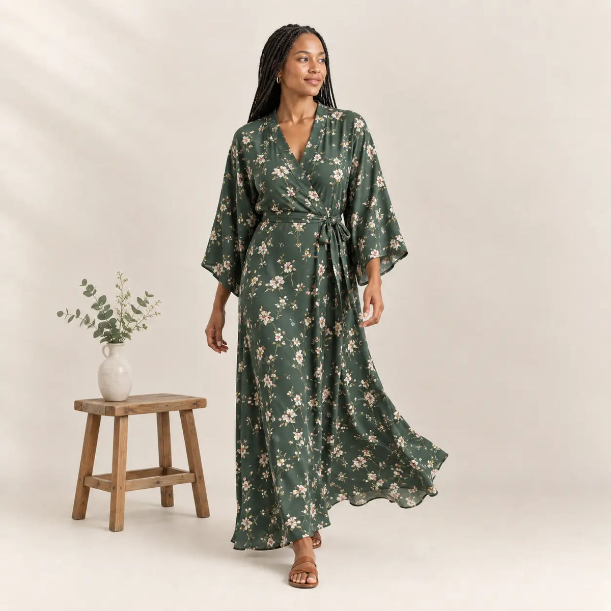 A flowing emerald green kimono wrap dress with white pink floral patterns, v-neckline, three-quarter sleeves, and self-tie belt Image