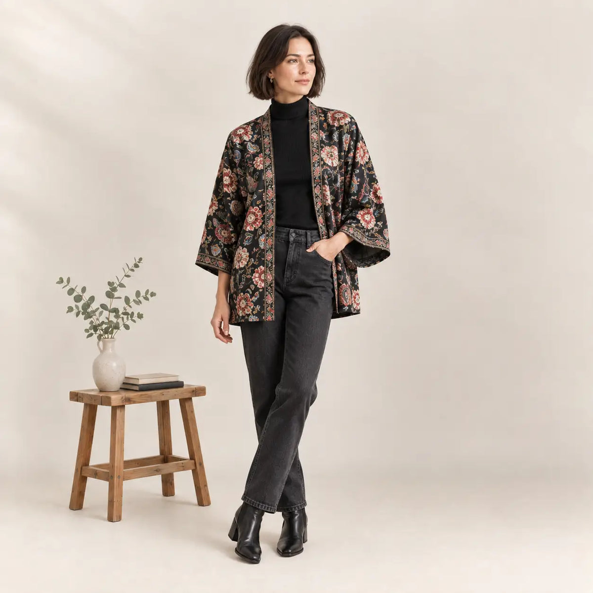 Black floral print kimono jacket with pink and beige blossoms featuring lightweight fabric for versatile layering Image