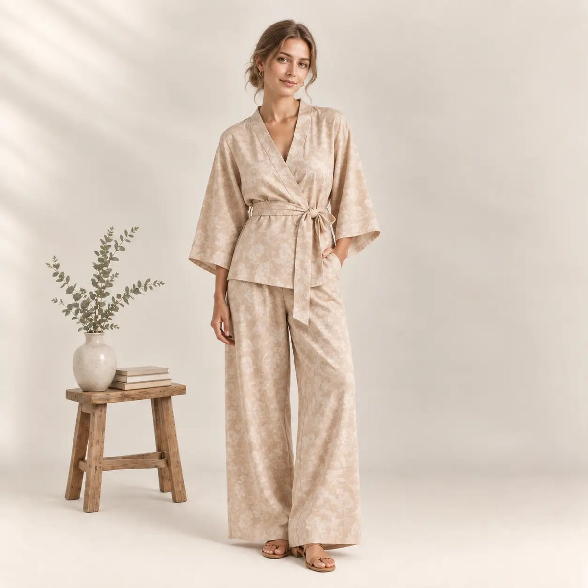 Beige patterned satin kimono set with robe, matching wide-leg pants, and tied belt for comfortable loungewear Image