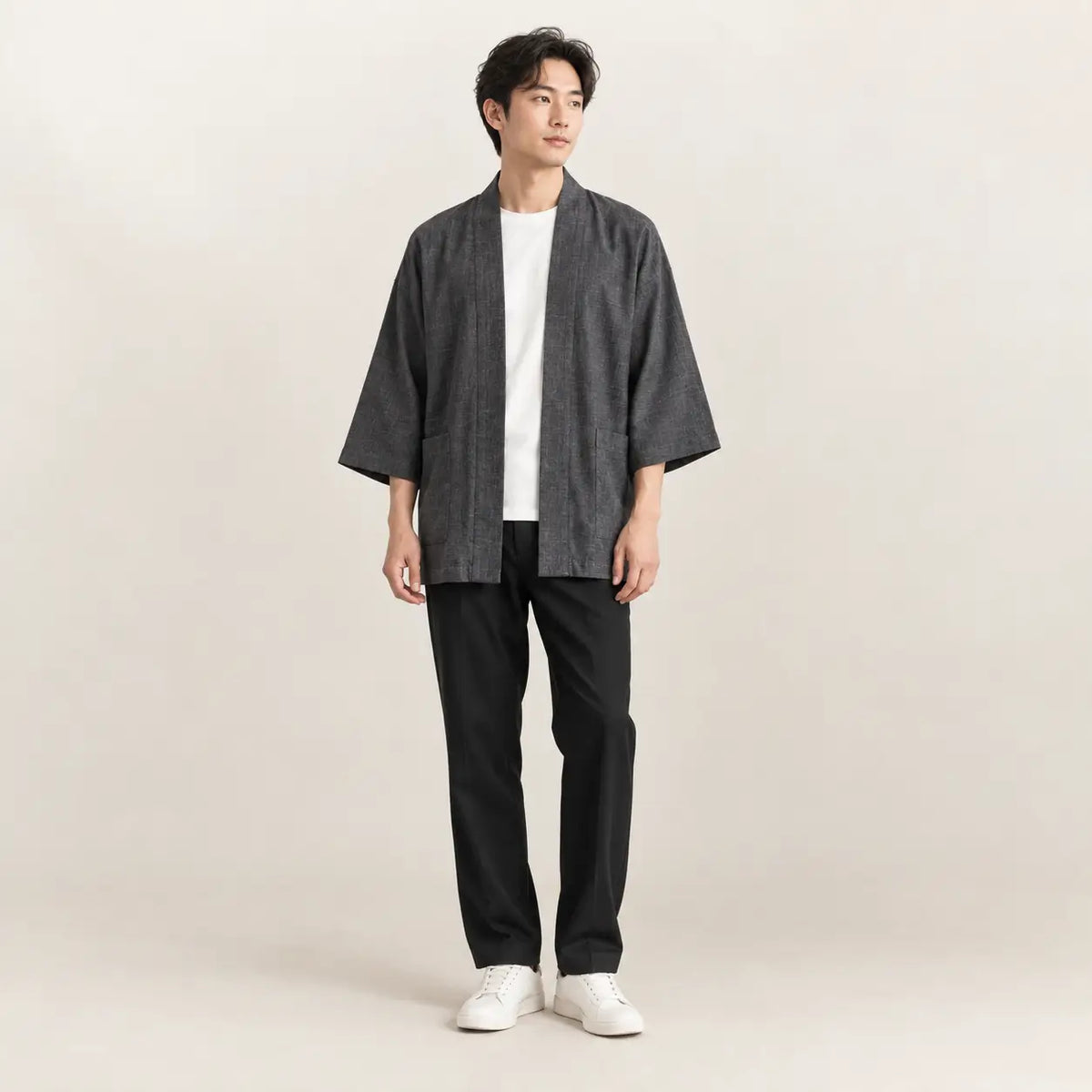 Dark gray textured cotton kimono jacket with wide sleeves and front pockets from the male kimono collection Image