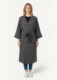 Bathrobe kimono style dark gray loose fitting with subtle textured weave and matching belt