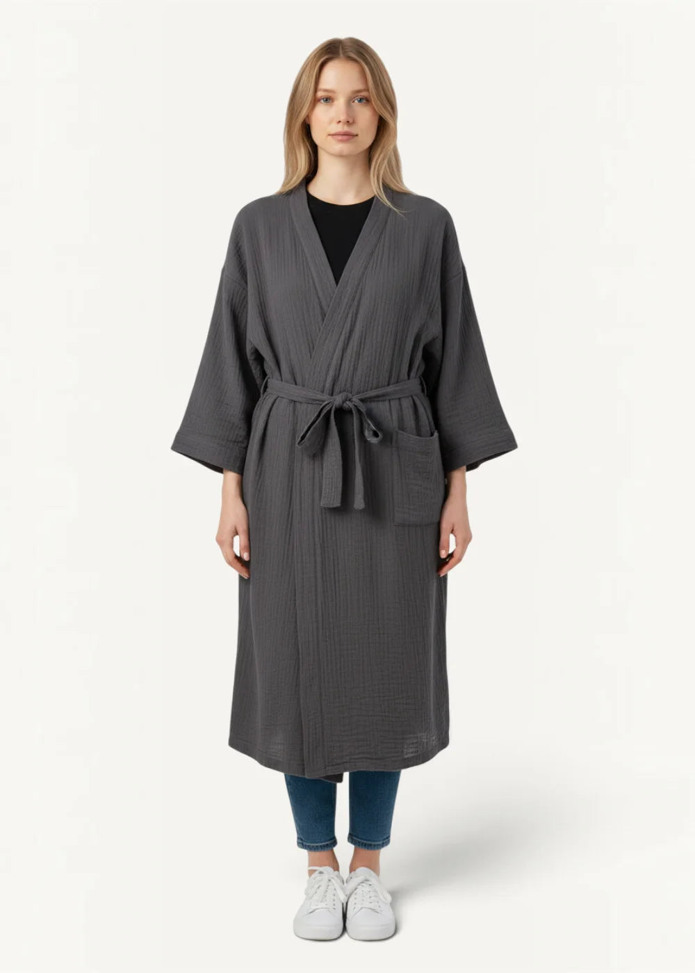 Bathrobe kimono style dark gray loose fitting with subtle textured weave and matching belt