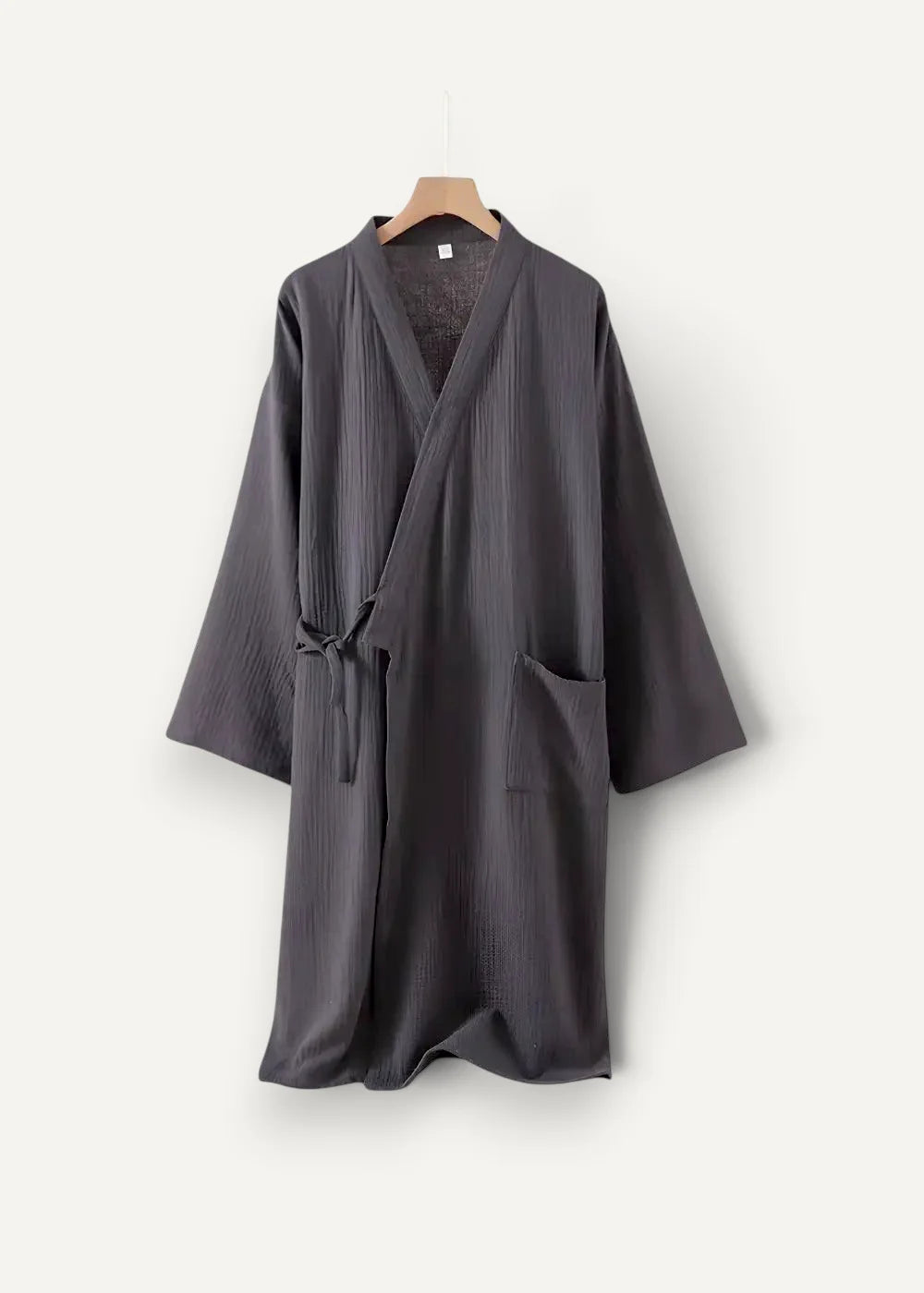 Dark gray cotton bathrobe kimono style with subtle vertical ribbed pattern and matching tie belt
