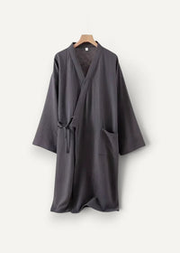 Dark gray cotton bathrobe kimono style with subtle vertical ribbed pattern and matching tie belt