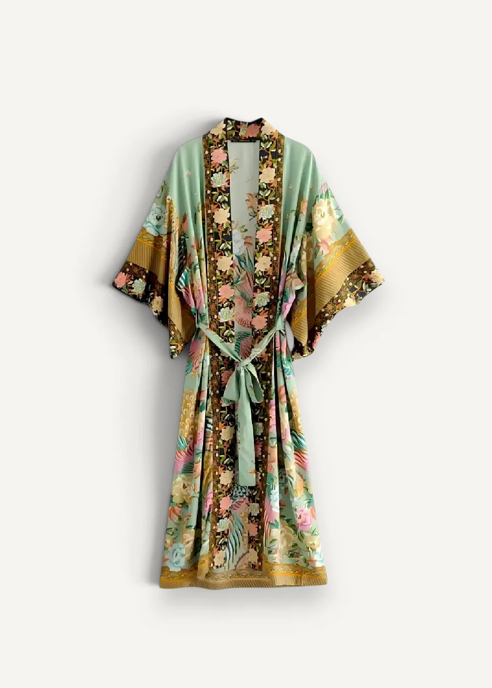 A flowing light mint-green beach kimono cardigan with intricate floral and bird patterns and a matching tie belt
