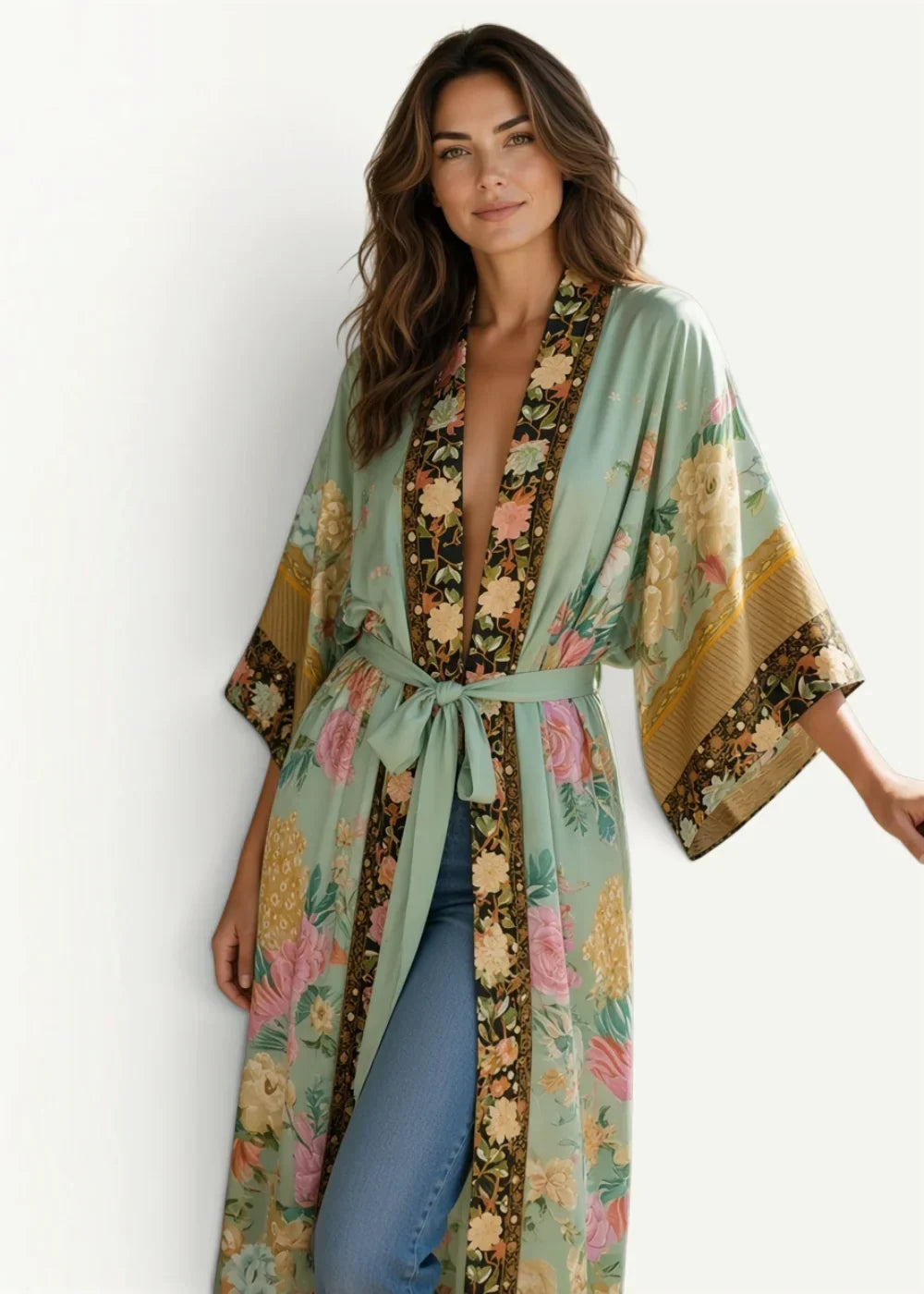 A flowing mint green beach kimono cardigan with vibrant pink yellow and brown floral pattern