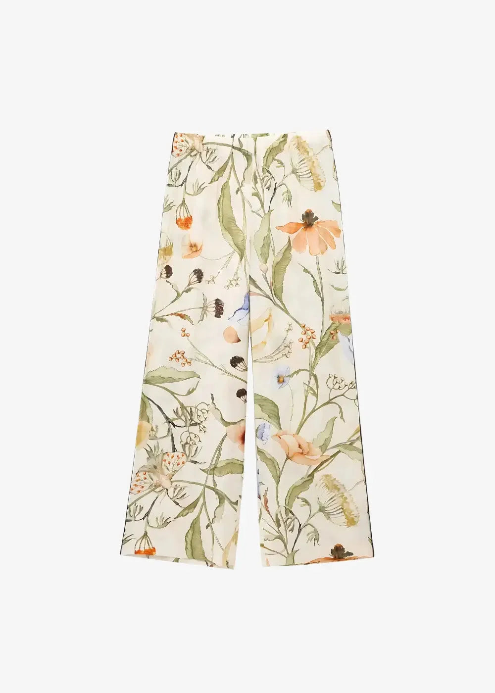 Cream-colored wide-leg trousers with a delicate peach green and muted blue botanical print from the beach kimono set
