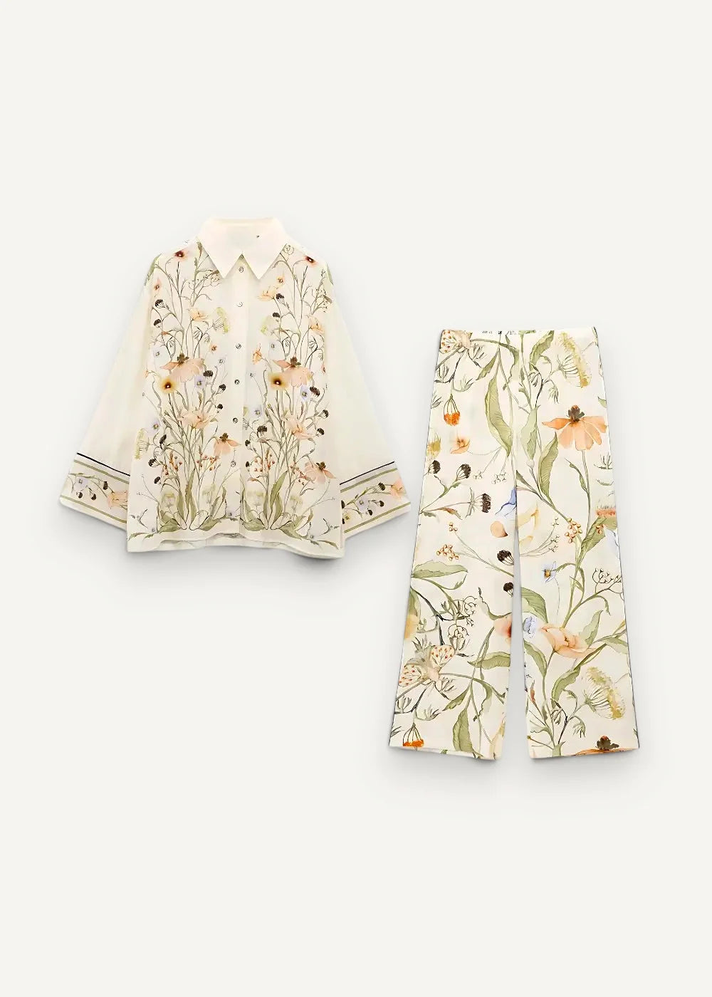 Beach kimono set with cream silk blouse and wide-leg trousers featuring peach blossom watercolor floral pattern