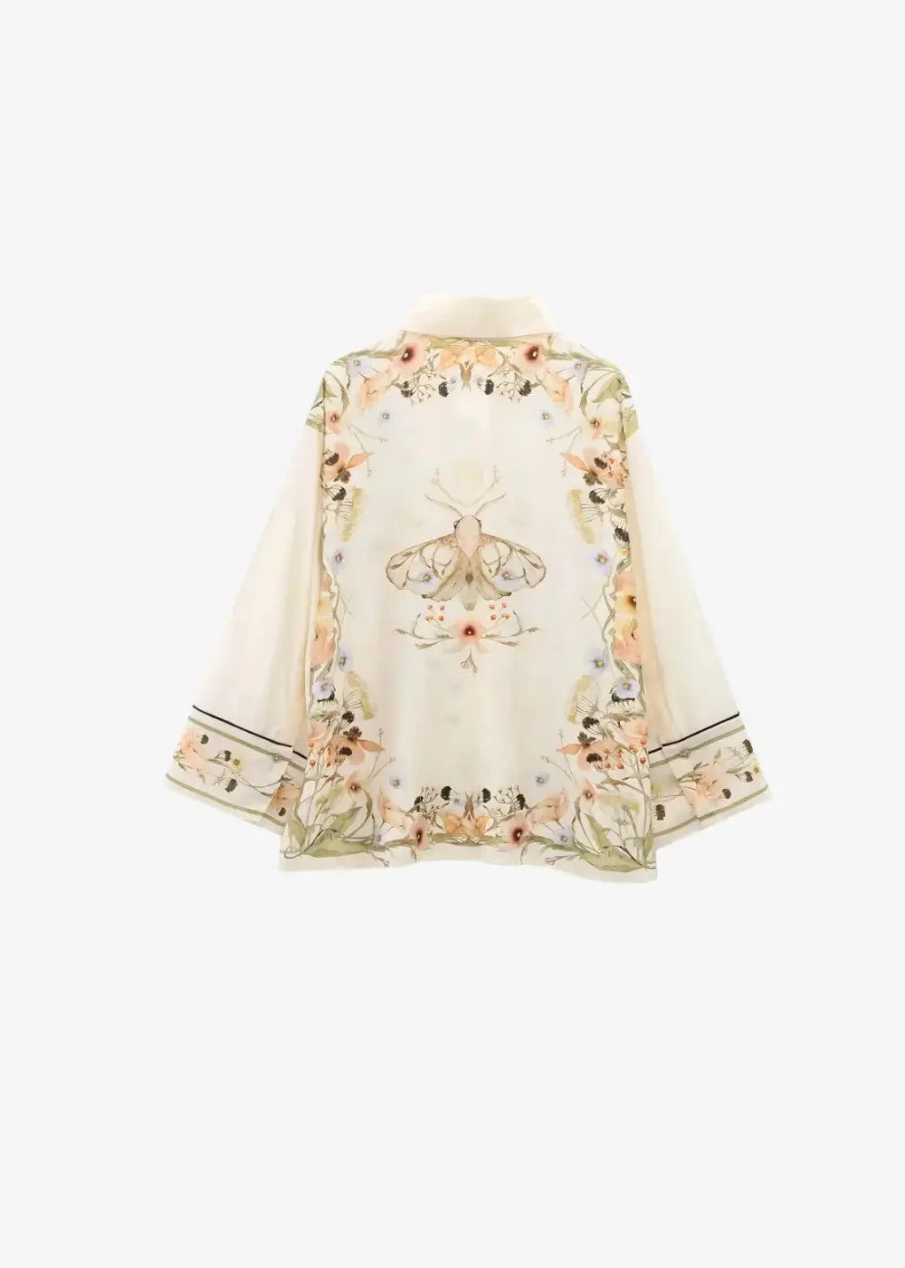 Off-white delicate blouse with intricate floral and moth embroidery featuring soft pastel accents in beach kimono set