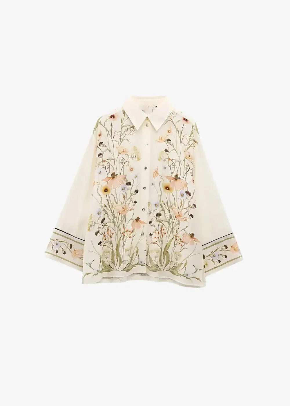 A delicate off-white beach kimono blouse with soft flowing fabric and intricate pastel pink and green floral patterns