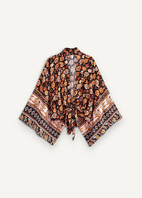 Beach kimono women with flowing earth-toned floral design on dark brown base and patterned pink black white borders
