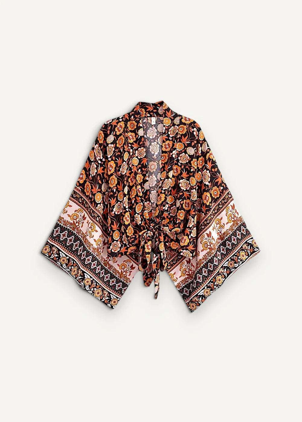 Beach kimono women with flowing earth-toned floral design on dark brown base and patterned pink black white borders