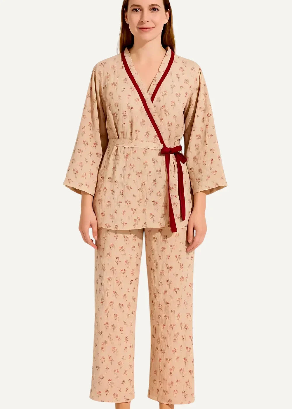 Beige cotton kimono pajamas with floral print, red velvet trim, and matching belt for comfortable loungewear