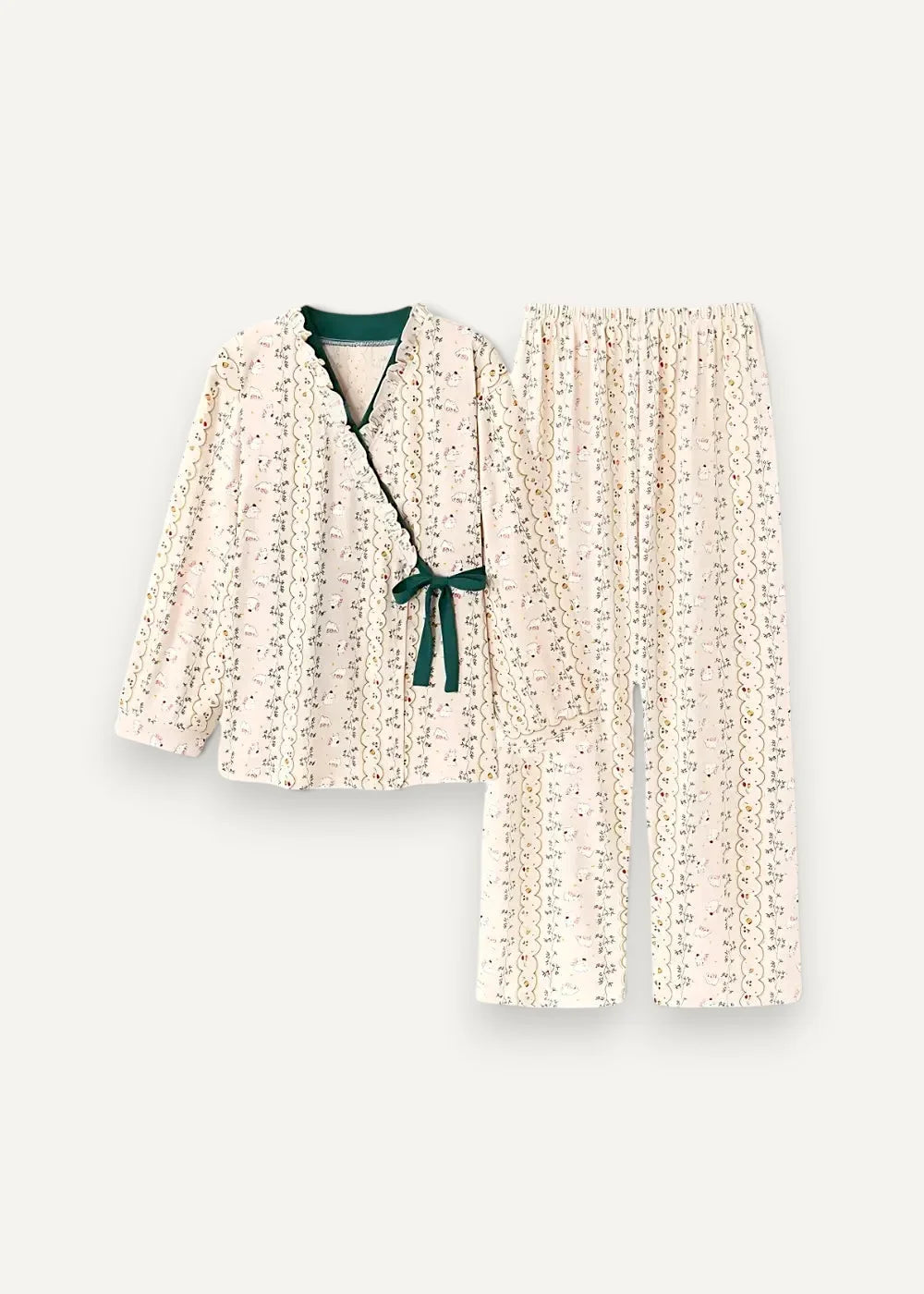 Beige floral kimono pajamas cream-colored with floral pattern and dark green trim long sleeves and matching pants