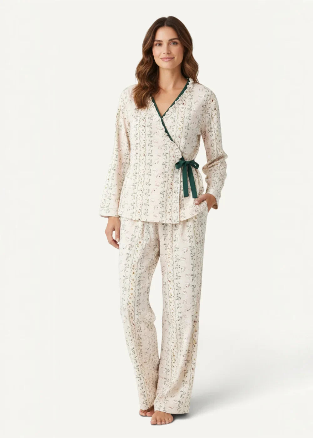 Beige floral kimono pajamas with cream color fabric green floral pattern and emerald green ribbon tie at the waist