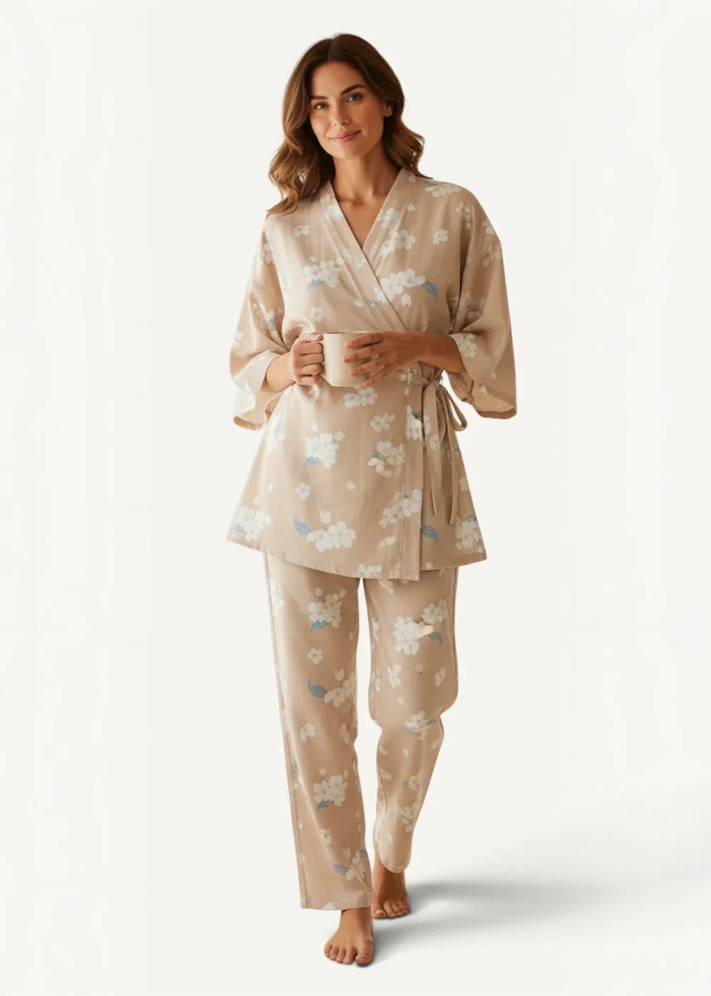 Beige kimono pajamas featuring a floral satin robe and matching pants set perfect for comfortable loungewear