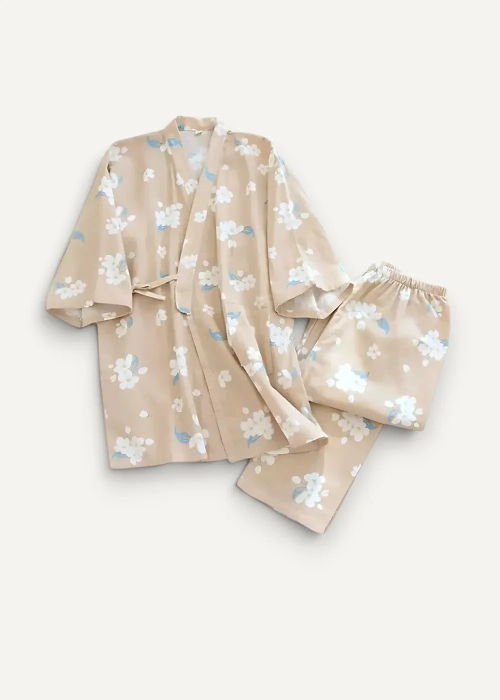 Beige kimono pajamas set featuring a floral satin robe and matching pants for comfortable loungewear