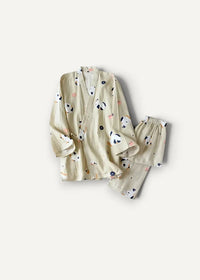 Beige men’s kimono pajamas in cream color with playful panda print and soft flowing fabric for comfortable wear