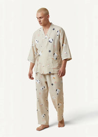 Beige men’s kimono pajamas featuring a playful panda print with subtle geometric accents in soft fabric