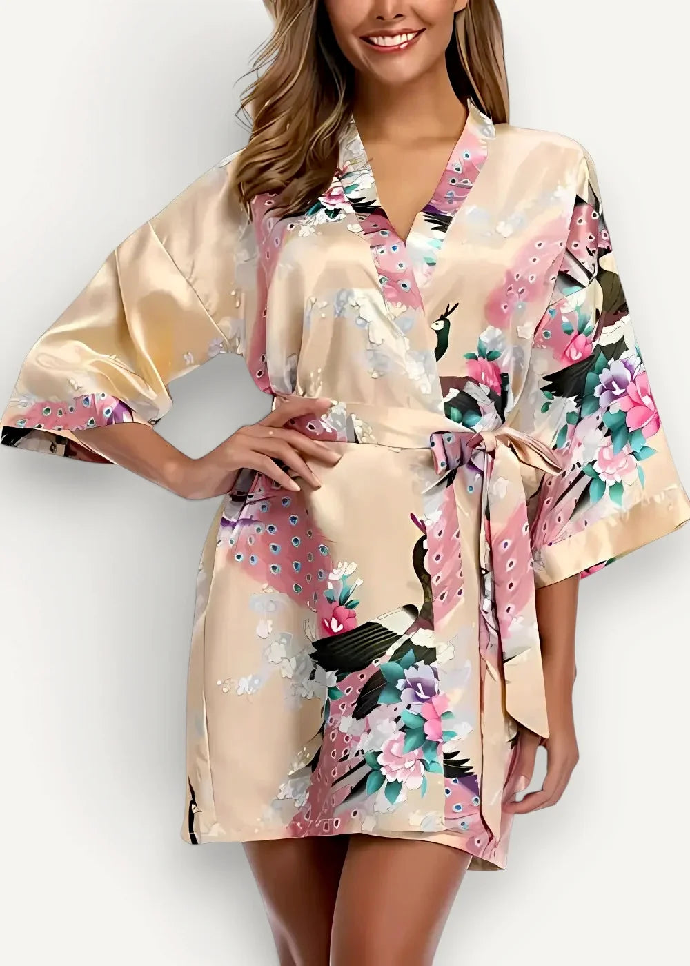 Beige satin robe with vibrant peacock and floral pattern in pink purple and green hues