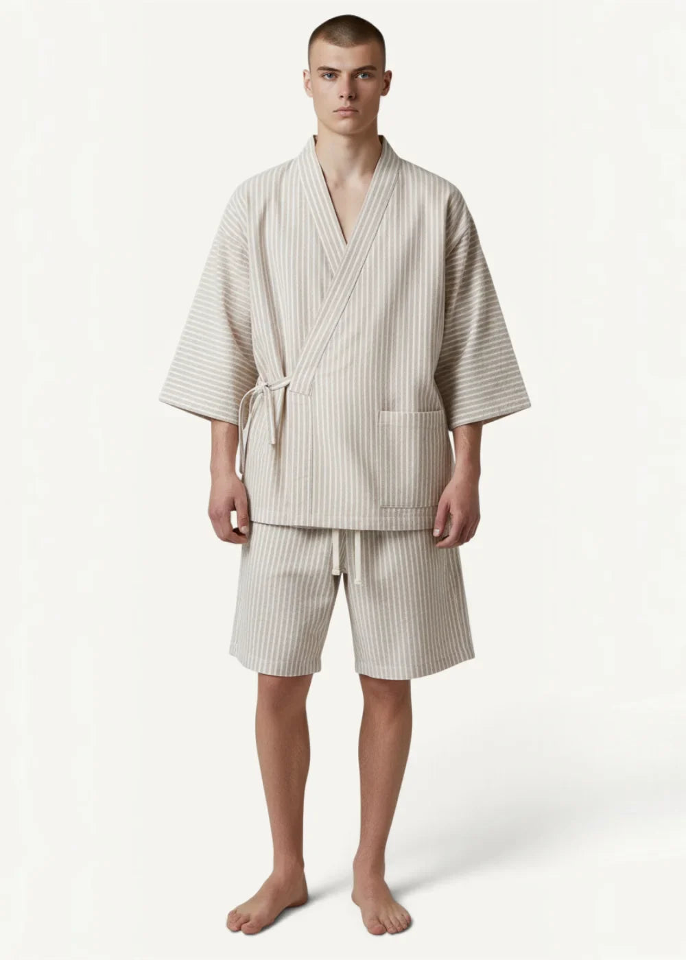 A man wearing beige striped cotton kimono pajamas with tie belt front pockets and matching shorts