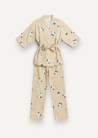 Beige women’s kimono pajamas featuring a playful panda print and matching belt in soft comfortable fabric