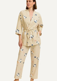 Beige women’s kimono pajamas with playful panda print fabric and matching belt for comfortable loungewear