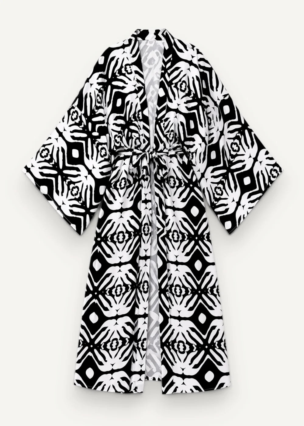 Black and white kimono robe with geometric pattern and tie-waist design for stylish loungewear or layering