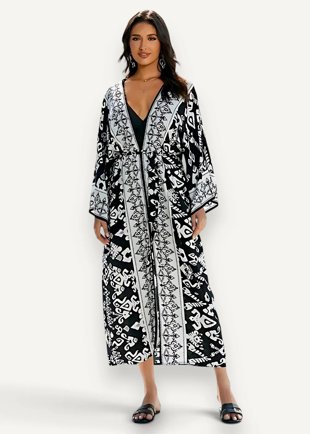 Black boho kimono long robe with black and white intricate geometric patterns perfect for casual wear