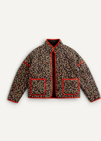 Black floral kimono jacket with dark brown quilted fabric delicate floral pattern and bold red trim accents