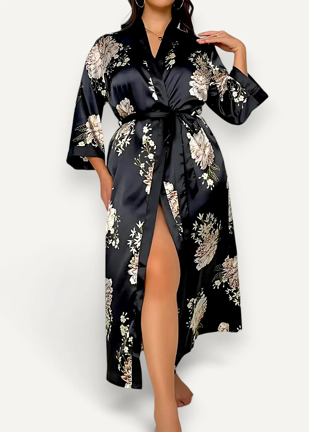 Black floral kimono robe made of satin with cream and beige floral pattern high slit and belted waist