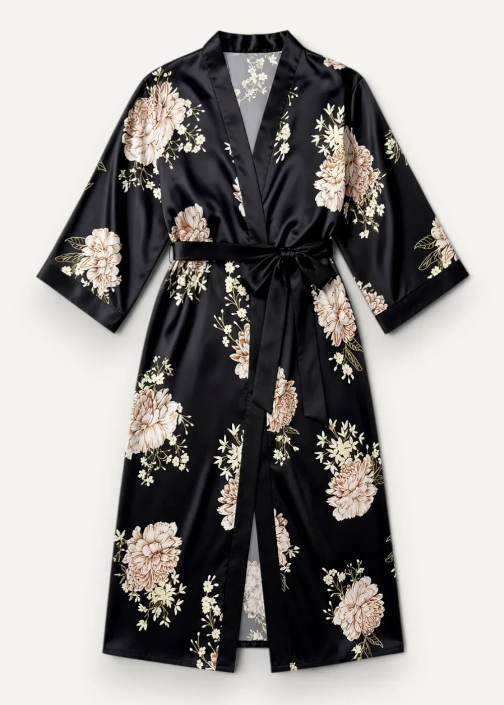 Black floral kimono robe in black satin with soft pink cream floral pattern three quarter sleeves and matching belt