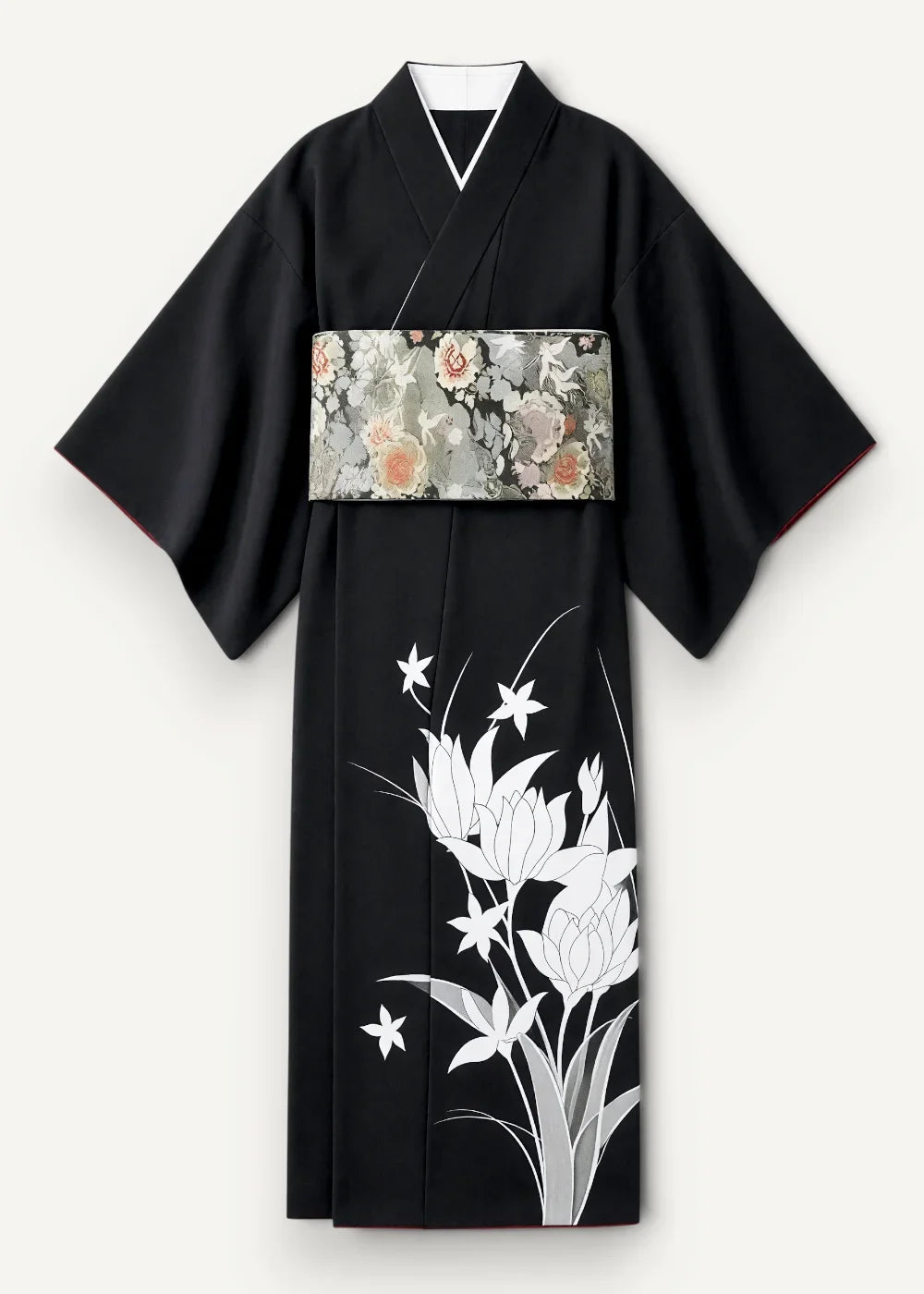 Black floral kimono made of black silk with white floral embroidery and a patterned obi belt