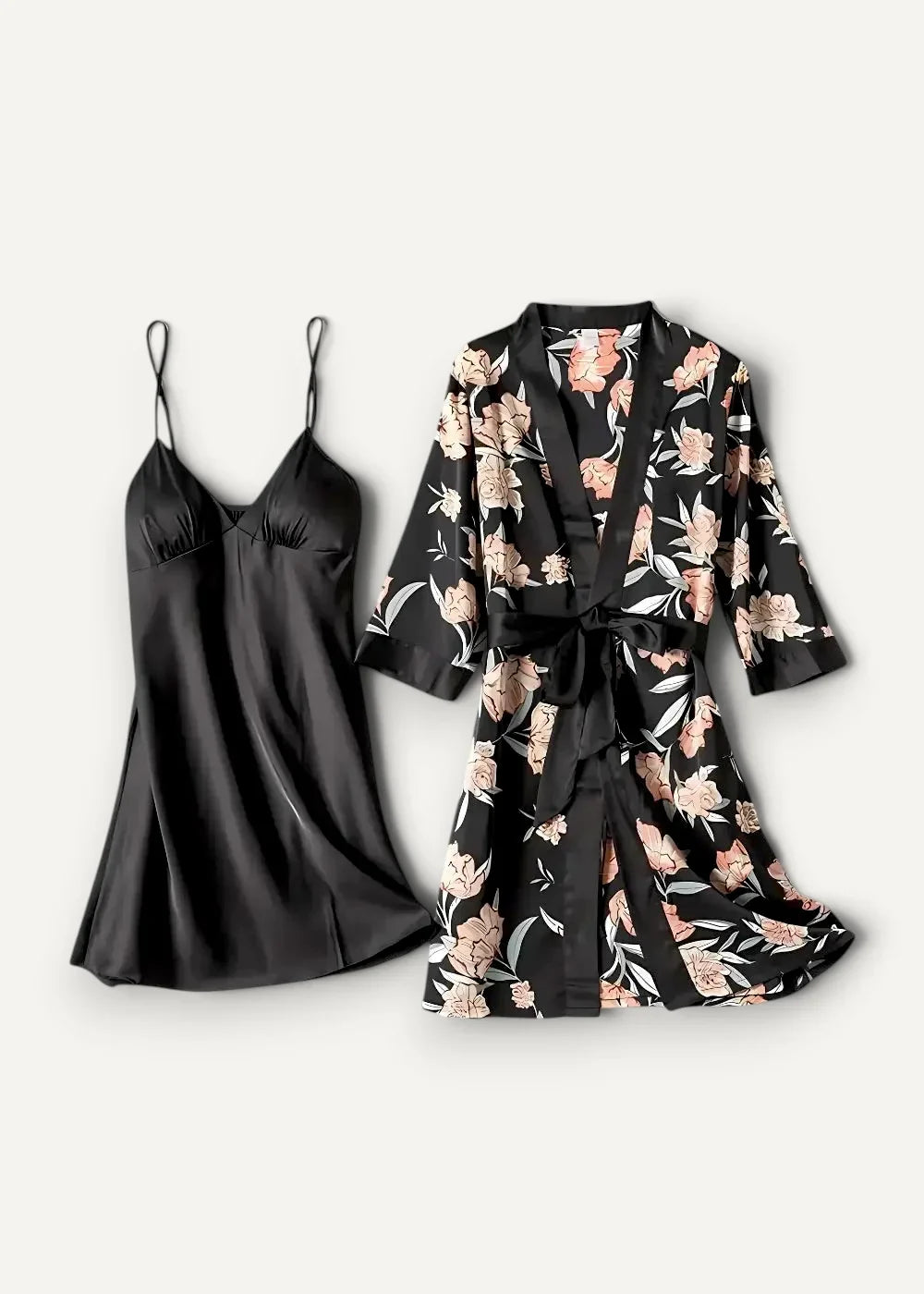 Black satin floral nightgown with delicate spaghetti straps and softly gathered neckline for elegant sleepwear