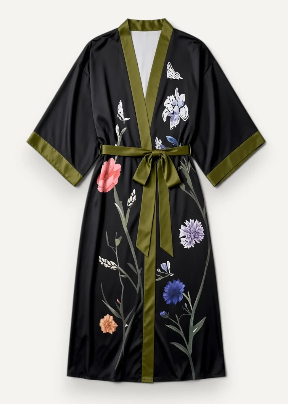 Black floral satin robe with olive green trim and belt featuring pink purple blue and white floral print