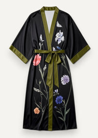 Black floral satin robe with olive green trim and belt featuring pink purple blue and white floral print