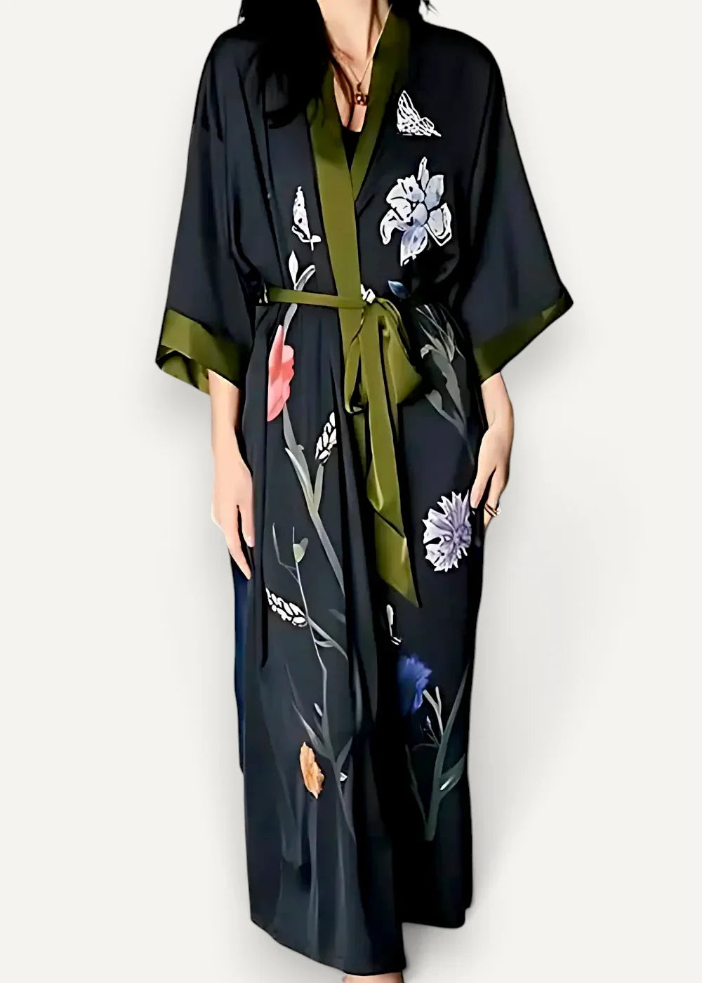 Black floral satin robe with olive green trim and white pink blue gold floral embroidery on front side