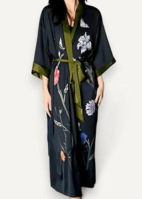 Black floral satin robe with olive green trim and white pink blue gold floral embroidery on front side