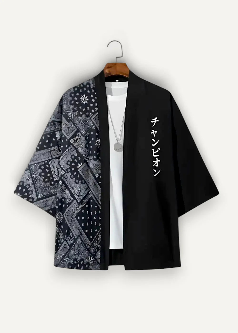 Black haori jacket featuring a black and gray patterned kimono design with japanese text on the right side