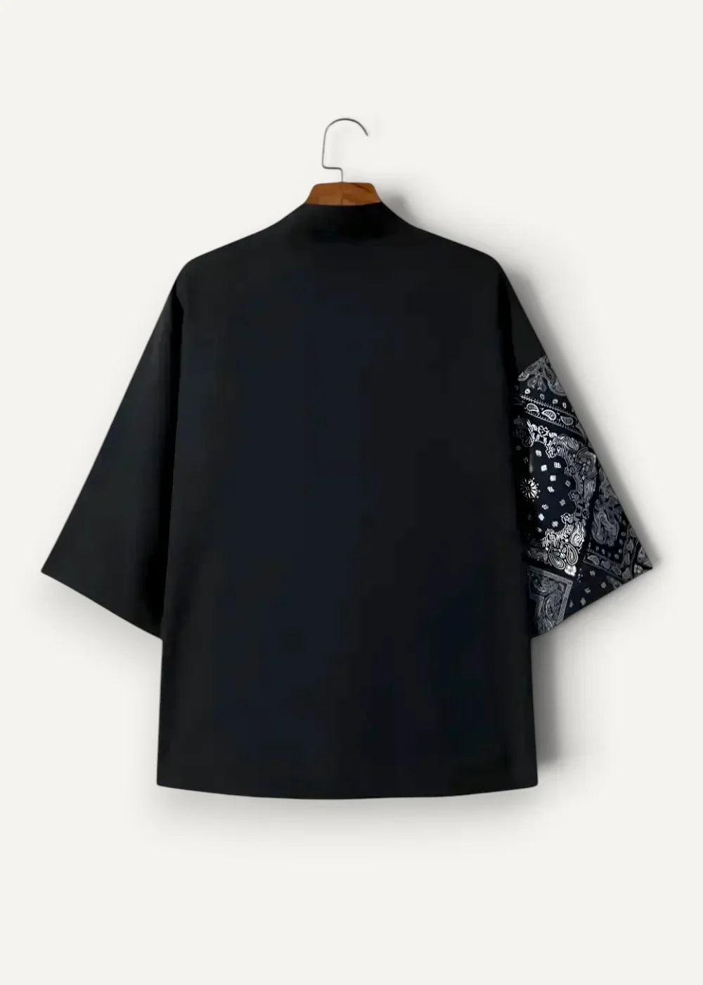 Black haori jacket short-sleeved with high collar and one sleeve featuring black and white bandana pattern