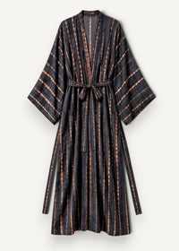 Black kimono cardigan with copper stripes and matching belt made of soft fabric for stylish layering