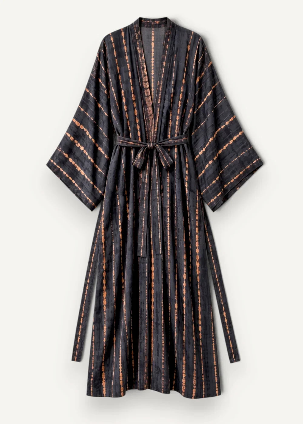 Black kimono cardigan with copper stripes and matching belt made of soft fabric for stylish layering